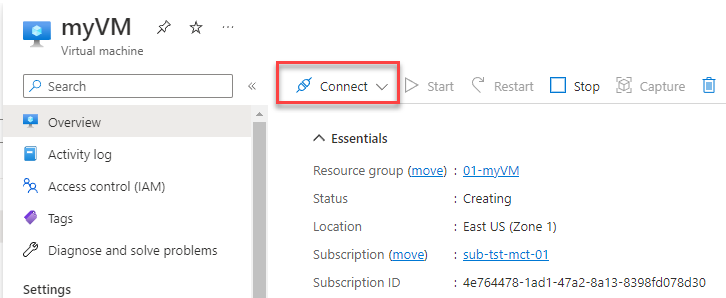 Screenshot of the virtual machine properties with the Connect button highlighted.