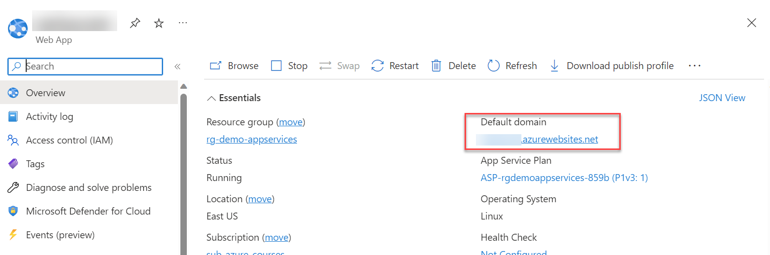 Screenshot of the web app properties blade. The URL is highlighted.