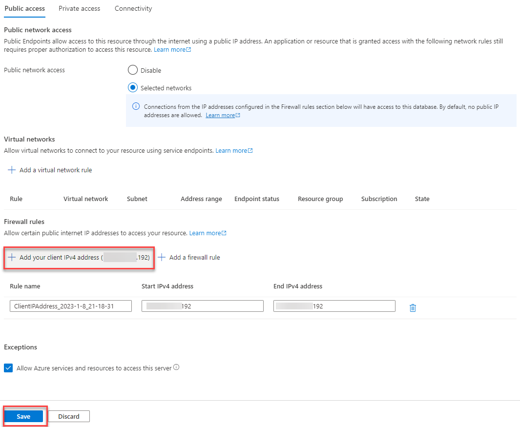 Screenshot of the SQL server firewall settings page with the new IP rule highlighted.