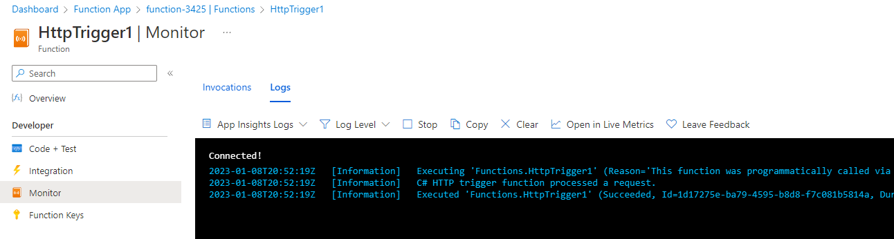 Screenshot of a trace information log resulting from running the function inside the function editor in Azure portal.
