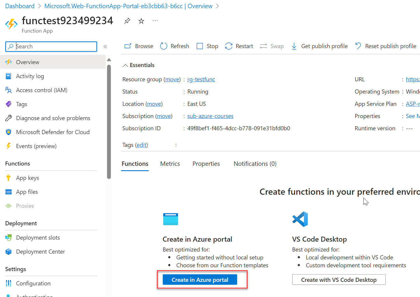Screenshot of the choose a development environment step in the azure functions for dot net getting started pane inside Azure portal. The display elements for creating a new in-portal function are highlighted. The highlighted elements are expand the function app, add new function, in-portal, and the continue button.