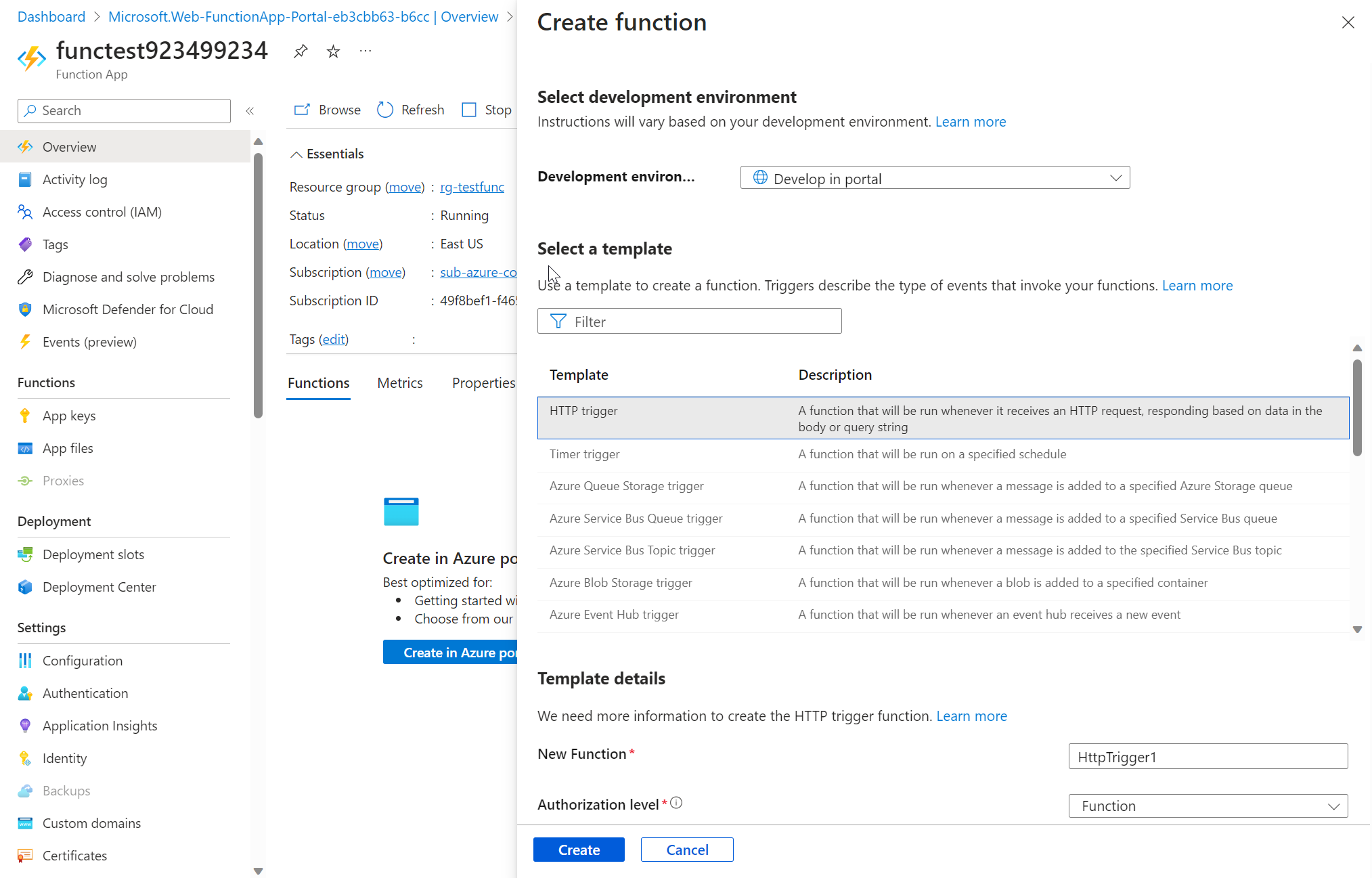 Screenshot of the create a function step in the azure functions for dot net getting started pane inside Azure portal. The HTTP trigger card is highlighted to illustrate the display elements used to add a new webhook to an Azure function.
