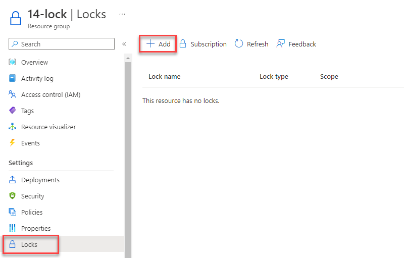 Screenshot of the 14-lock resource group with the Locks pane displaying.